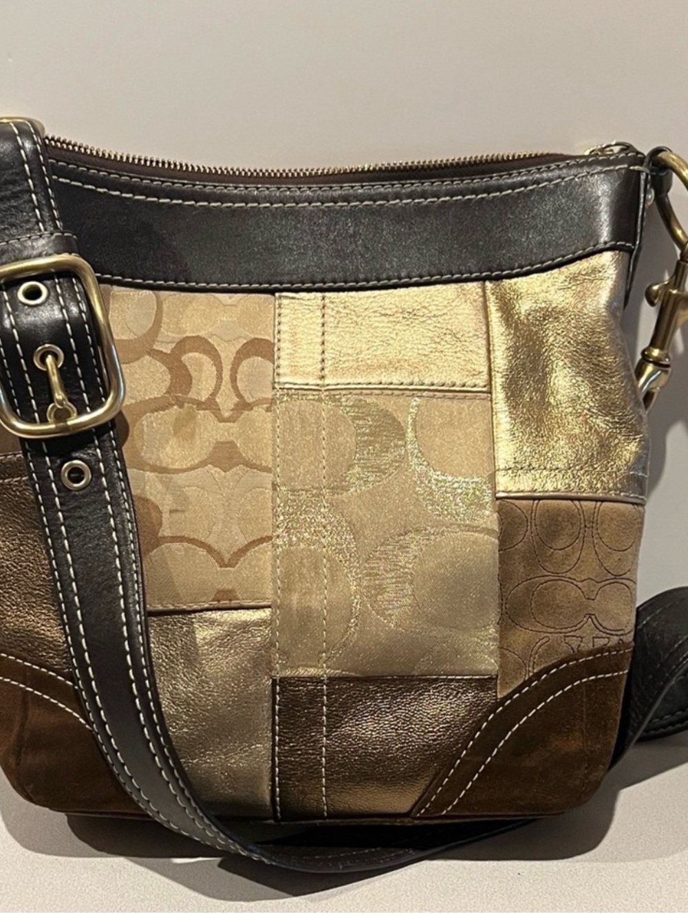 Coach 2006 Metallic Gold and Brown suede Patchwork Shoulder Bag